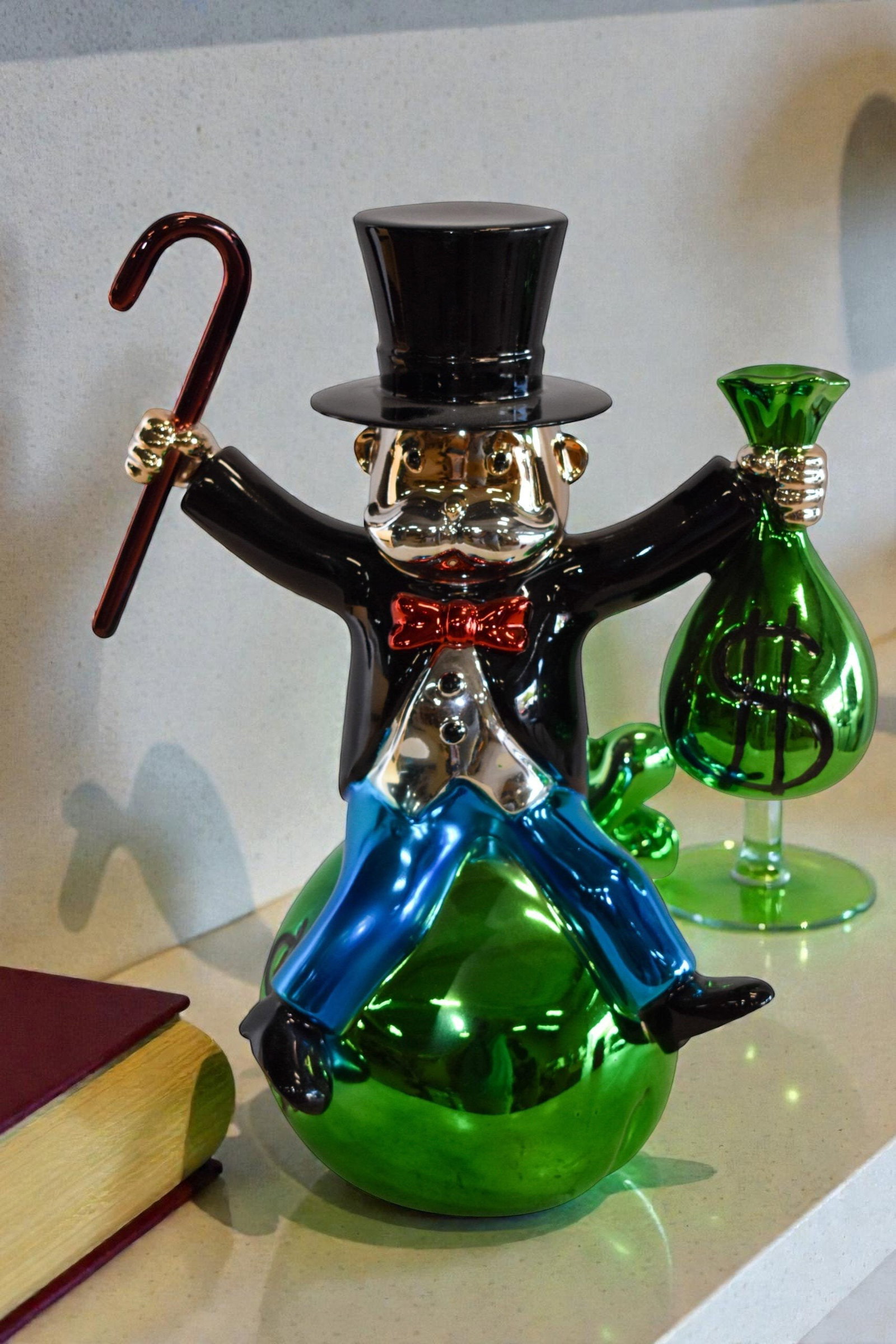Joyous Monopoly Man Sitting on Money Bag Resin Statue 12" x 10" x 16"H - 2