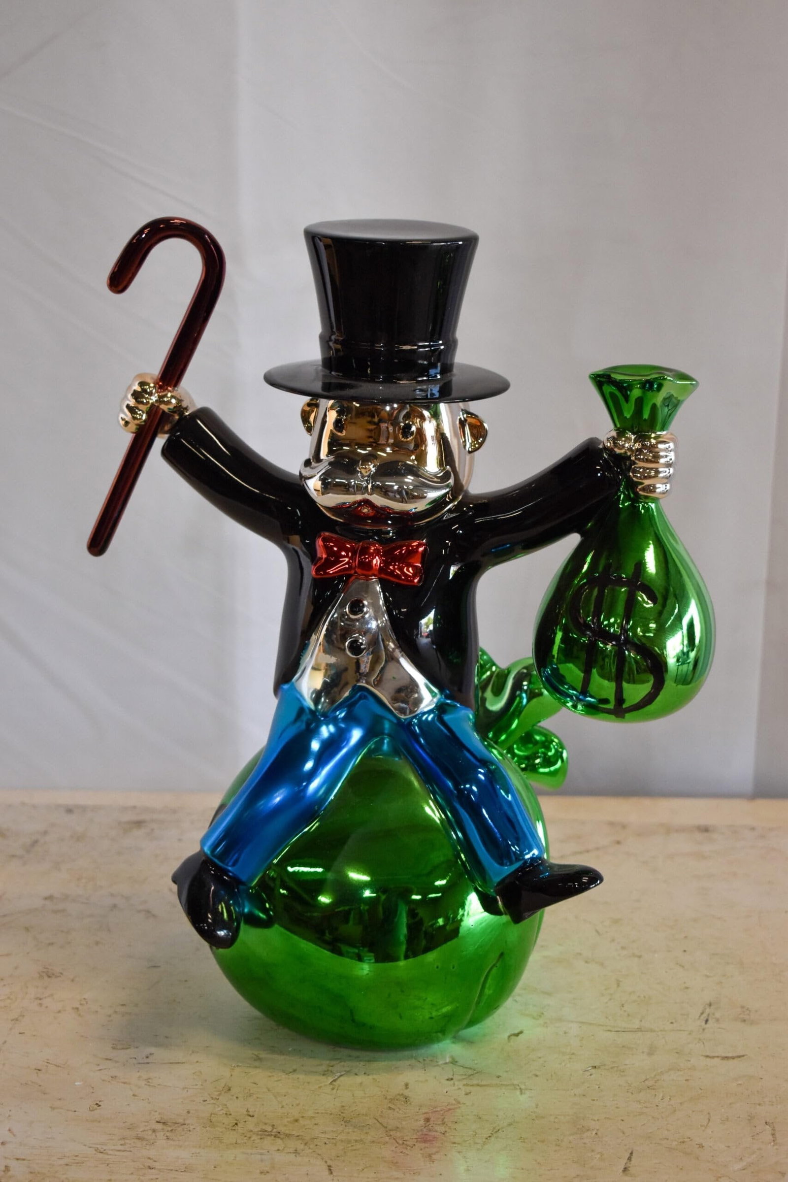 Joyous Monopoly Man Sitting on Money Bag Resin Statue 12" x 10" x 16"H - 4