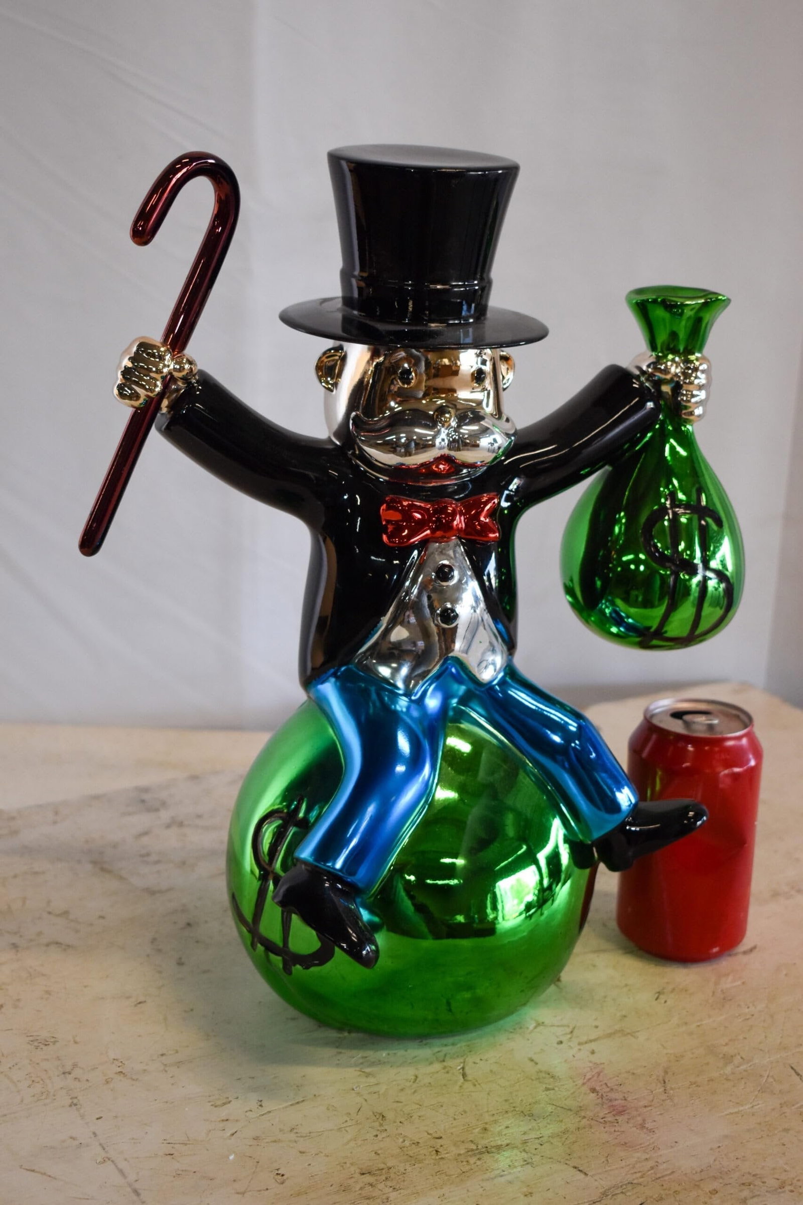 Joyous Monopoly Man Sitting on Money Bag Resin Statue 12" x 10" x 16"H - 5