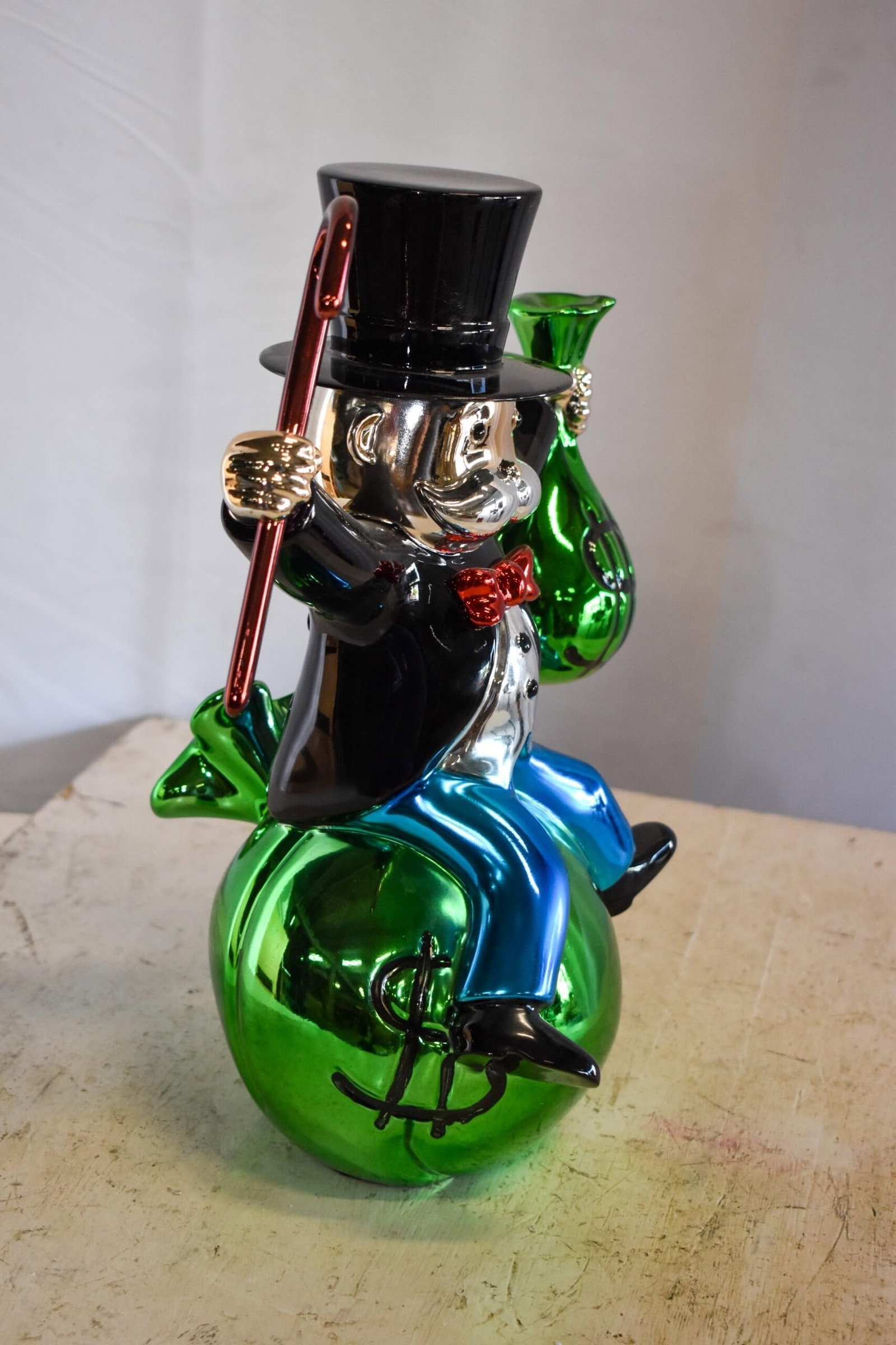 Joyous Monopoly Man Sitting on Money Bag Resin Statue 12" x 10" x 16"H - 6