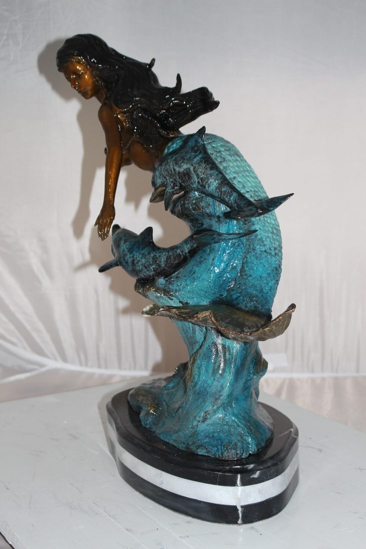 Mermaid w Dolphin and turtle Bronze Statue - Size: 19"L x 9"W x 22"H. - 11