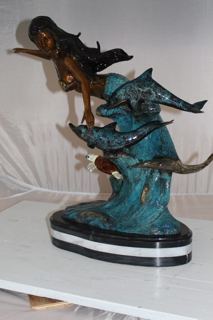 Mermaid w Dolphin and turtle Bronze Statue - Size: 19"L x 9"W x 22"H. - 12