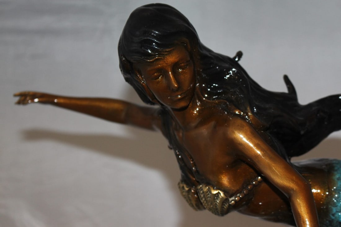 Mermaid w Dolphin and turtle Bronze Statue - Size: 19"L x 9"W x 22"H. - 13