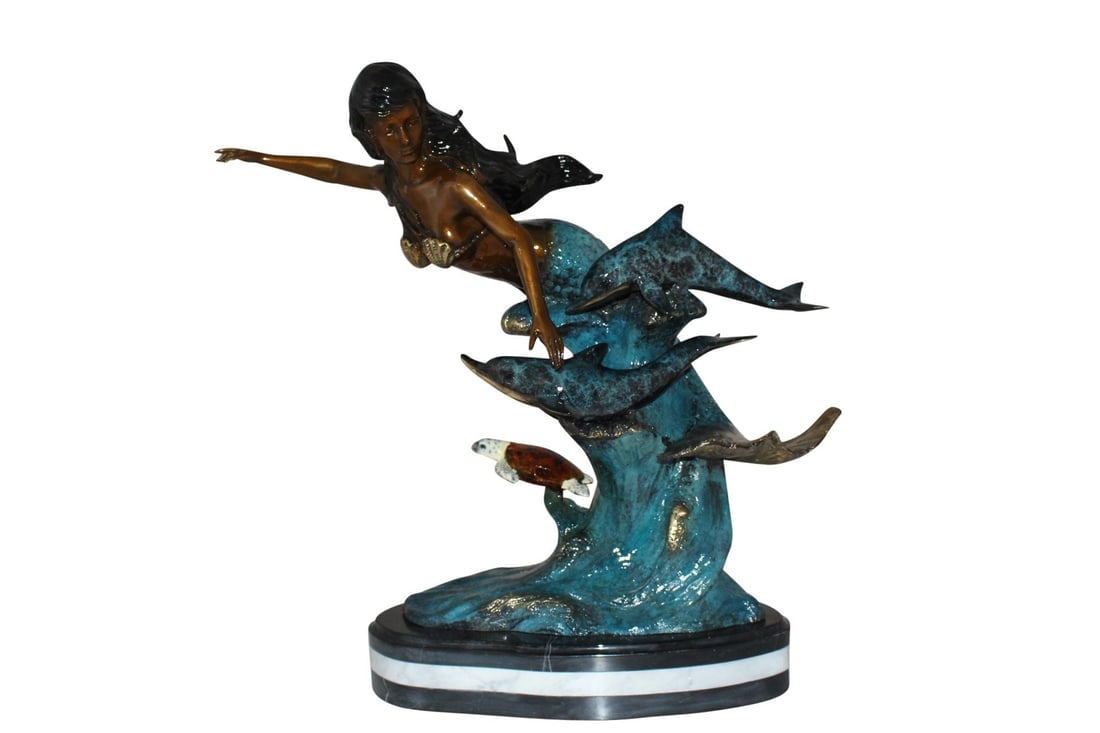 Mermaid w Dolphin and turtle Bronze Statue - Size: 19"L x 9"W x 22"H.: Title:Mermaid w Dolphin and turtle Bronze Statue - Size: 19"L x 9"W x 22"H. Description:No lover of timeless sea lore and the mysteries of the deep can resist this incredibly detailed Mermaid with