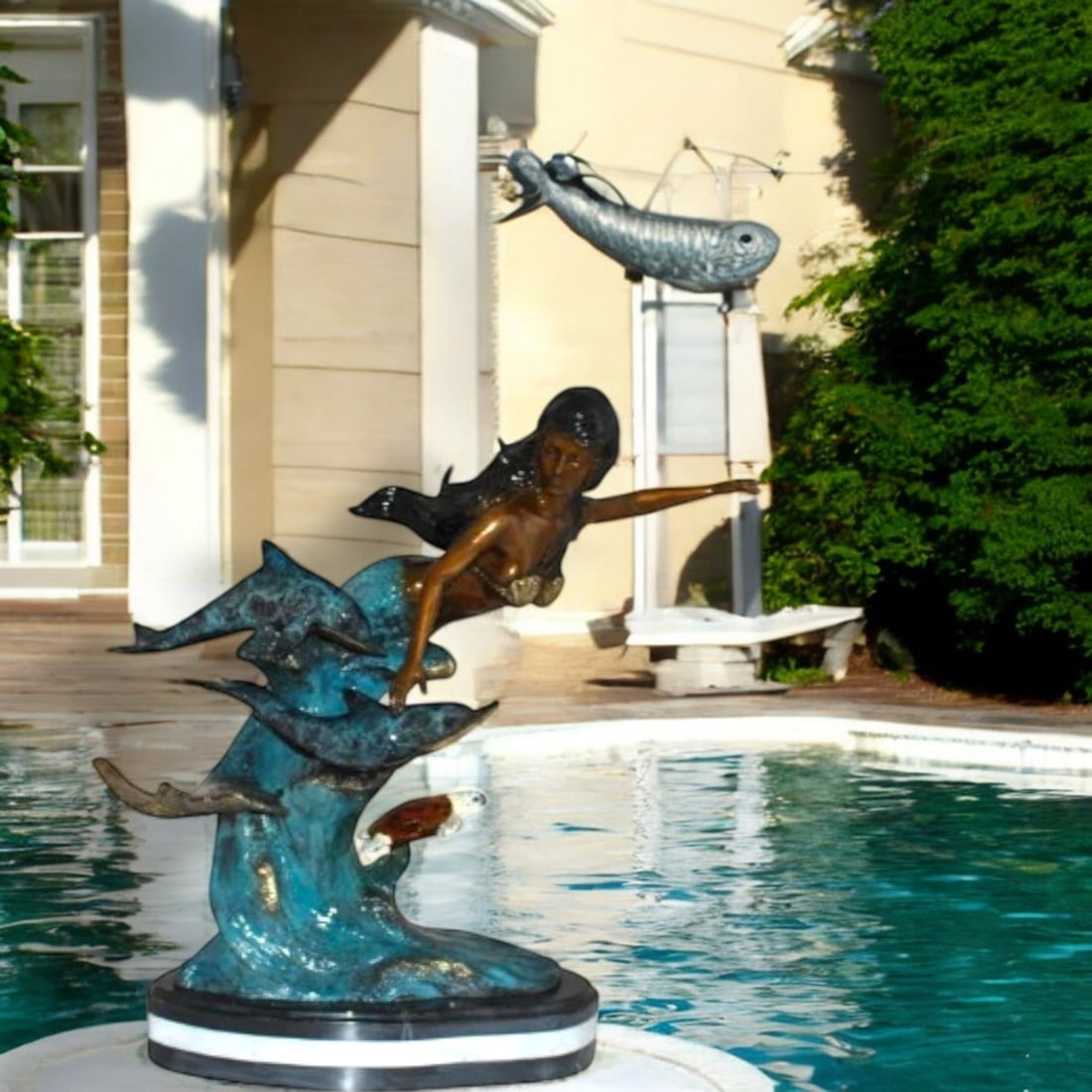 Mermaid w Dolphin and turtle Bronze Statue - Size: 19"L x 9"W x 22"H. - 2
