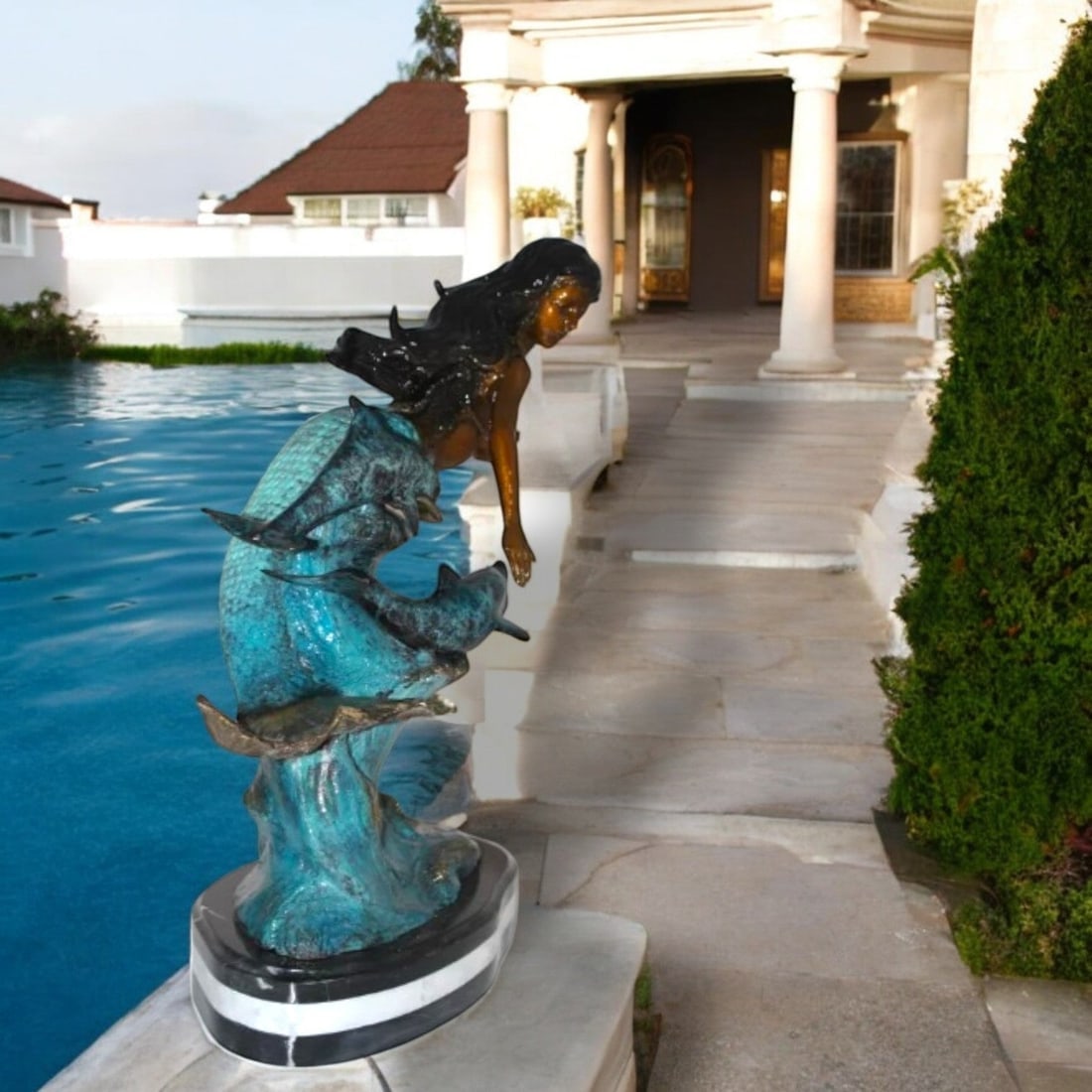 Mermaid w Dolphin and turtle Bronze Statue - Size: 19"L x 9"W x 22"H. - 3