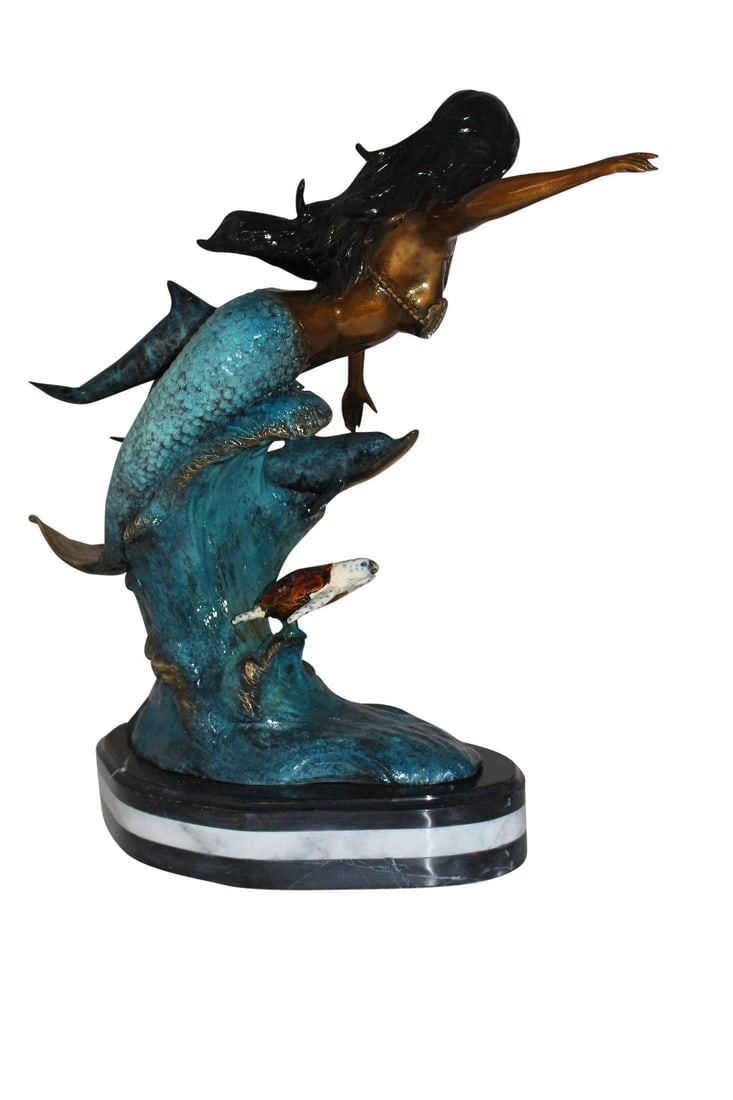 Mermaid w Dolphin and turtle Bronze Statue - Size: 19"L x 9"W x 22"H. - 4