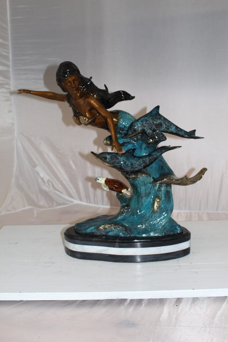 Mermaid w Dolphin and turtle Bronze Statue - Size: 19"L x 9"W x 22"H. - 5