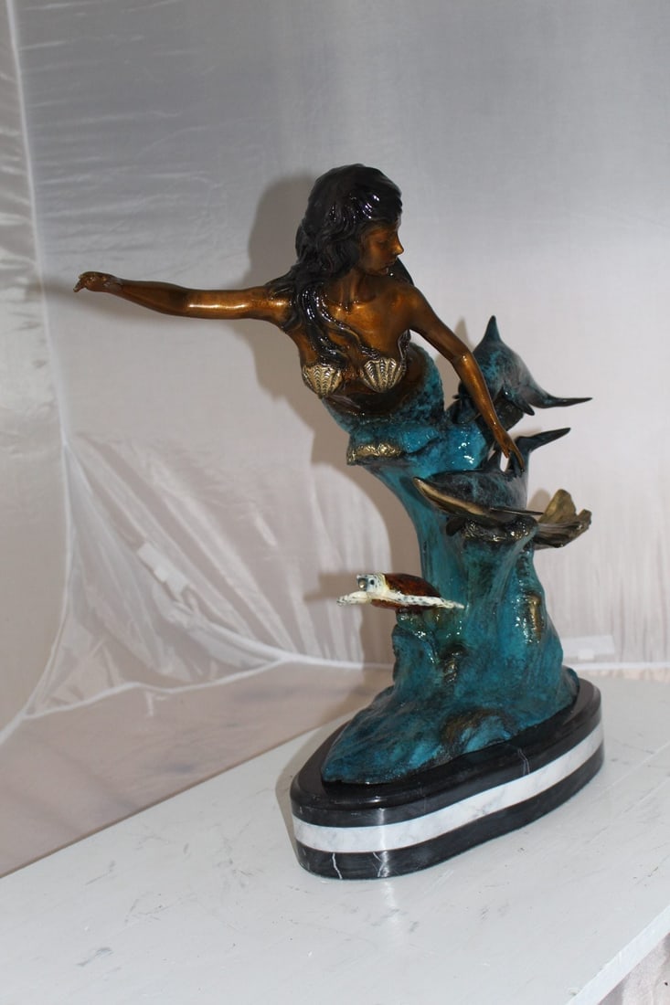 Mermaid w Dolphin and turtle Bronze Statue - Size: 19"L x 9"W x 22"H. - 6