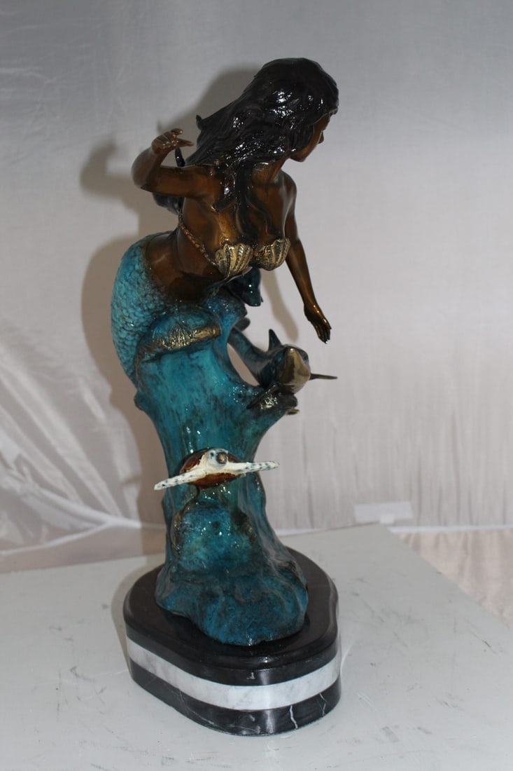 Mermaid w Dolphin and turtle Bronze Statue - Size: 19"L x 9"W x 22"H. - 7