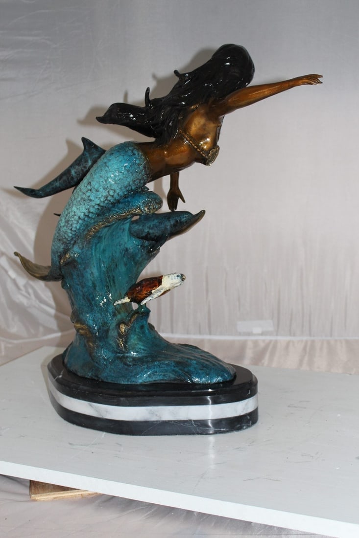 Mermaid w Dolphin and turtle Bronze Statue - Size: 19"L x 9"W x 22"H. - 8
