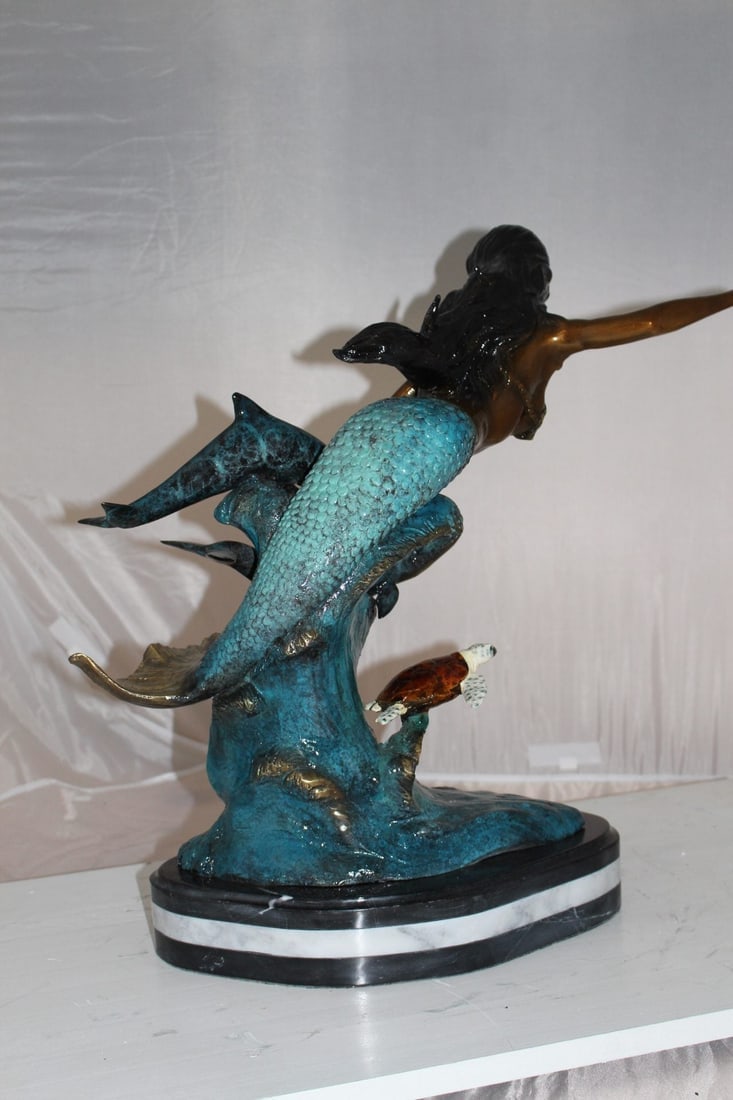 Mermaid w Dolphin and turtle Bronze Statue - Size: 19"L x 9"W x 22"H. - 9