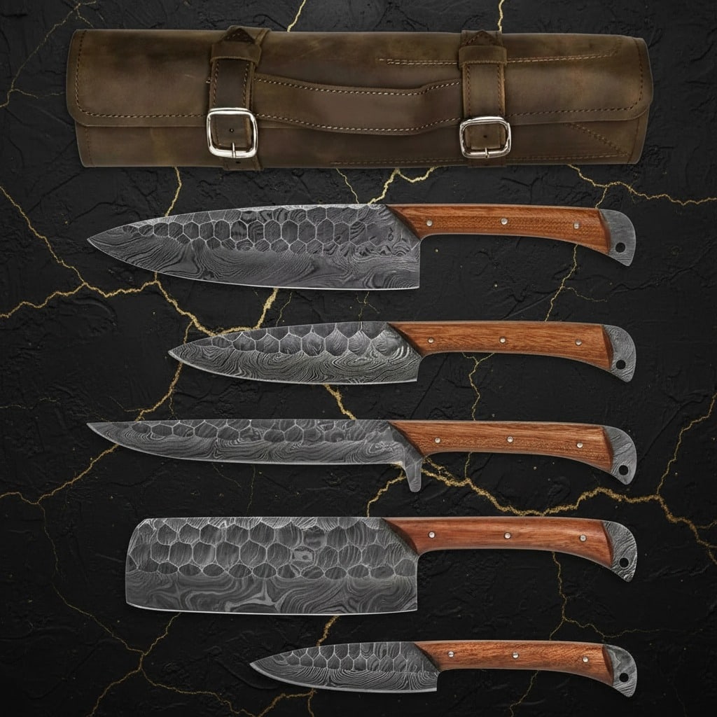 Hand-Forged Damascus Steel Kitchen Knife Set Custom Chef Cutlery 3pc - 3