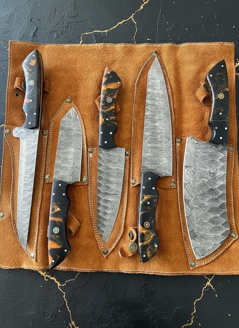 5pc Handmade Damascus Steel Chef Knife Set, Resin Handle, Leather Roll Bag (1 of 7)