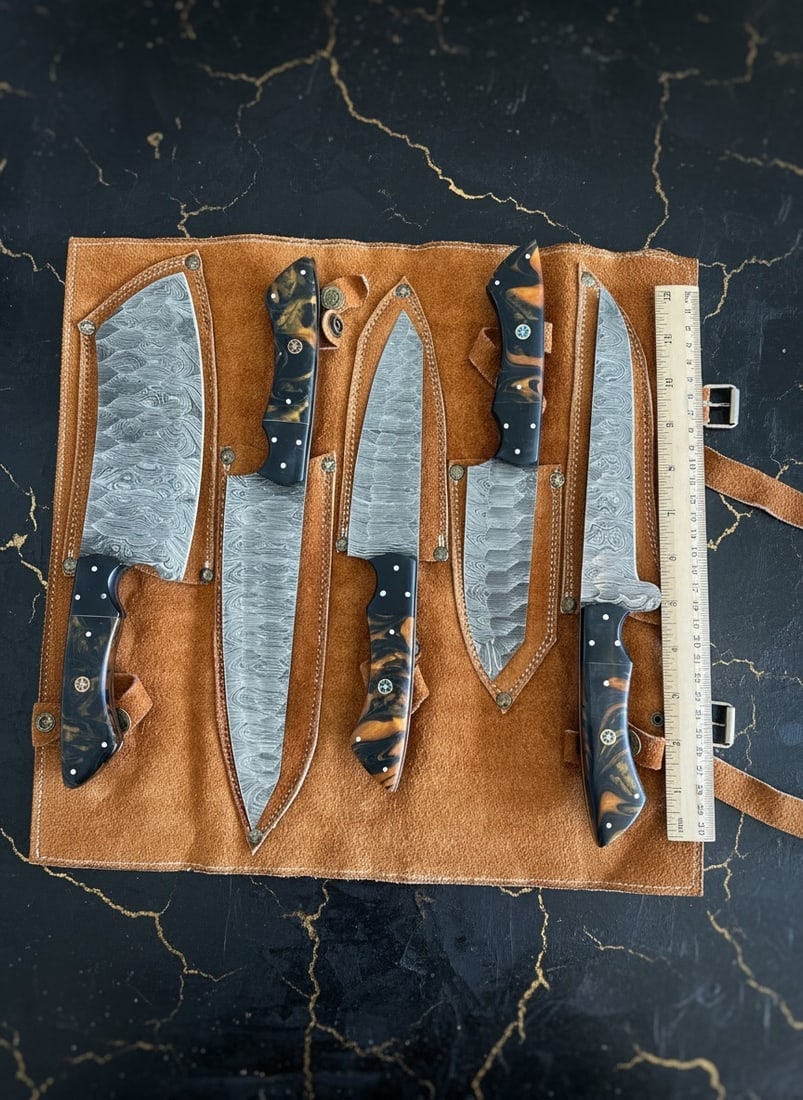 5pc Handmade Damascus Steel Chef Knife Set, Resin Handle, Leather Roll Bag - 2