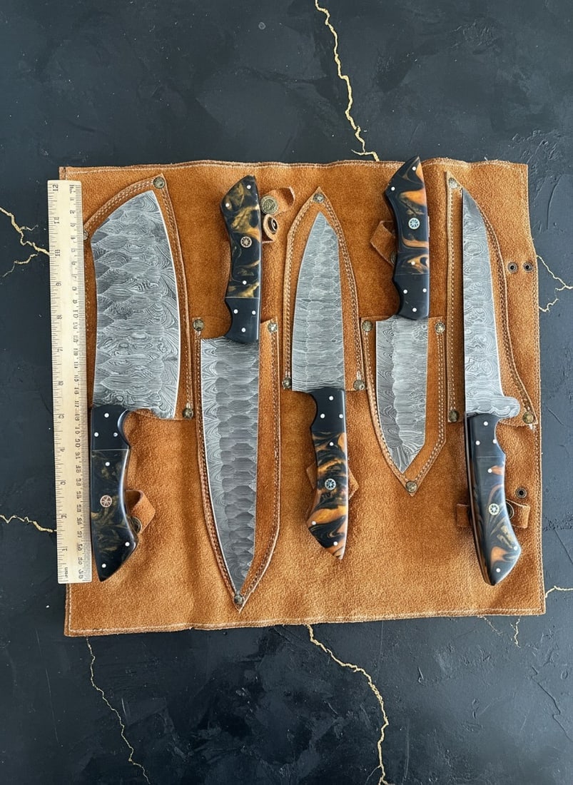 5pc Handmade Damascus Steel Chef Knife Set, Resin Handle, Leather Roll Bag - 3