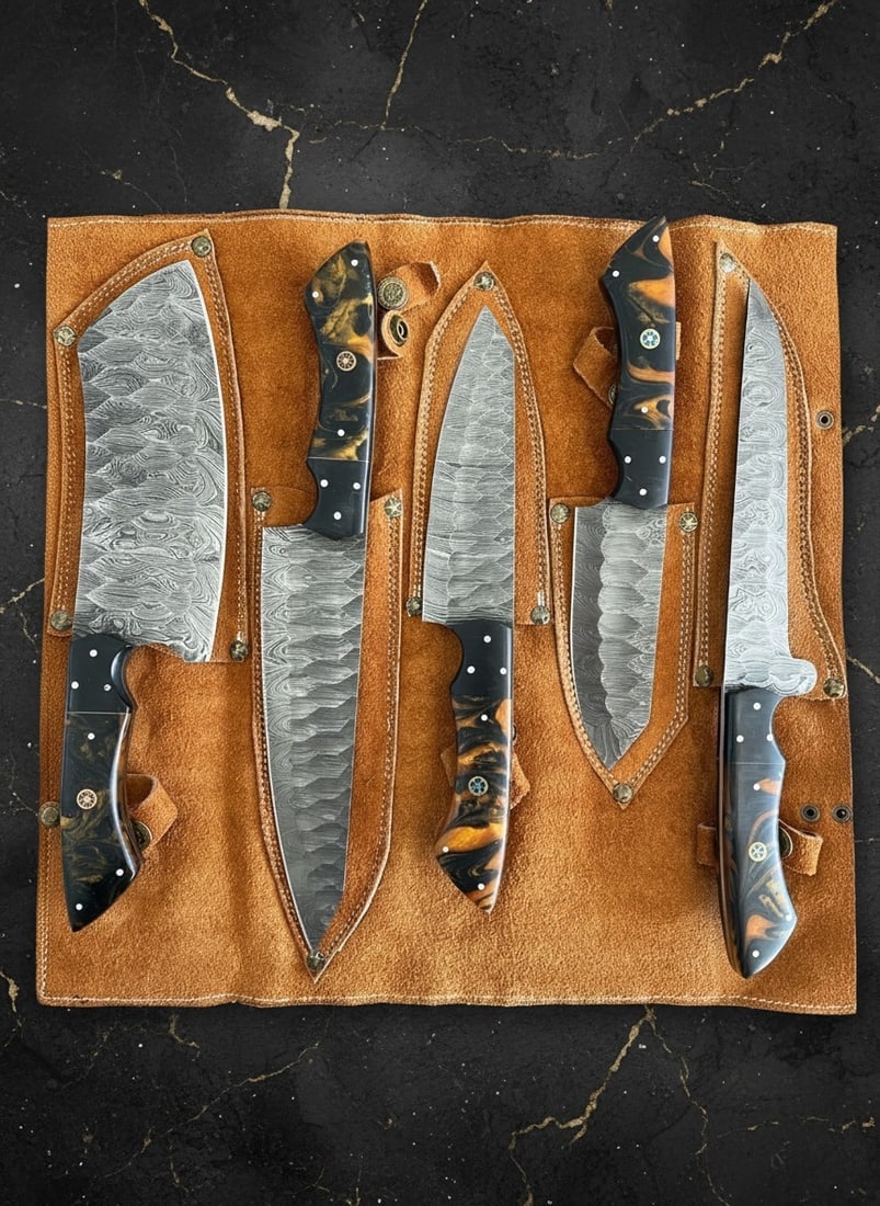 5pc Handmade Damascus Steel Chef Knife Set, Resin Handle, Leather Roll Bag - 4