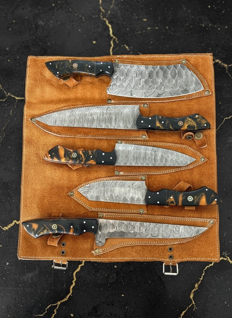 5pc Handmade Damascus Steel Chef Knife Set, Resin Handle, Leather Roll Bag - 5