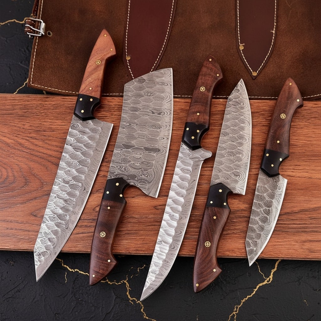 5pc Custom Hand-Forged Damascus Steel Knife Set with Leather Storage Roll - 3