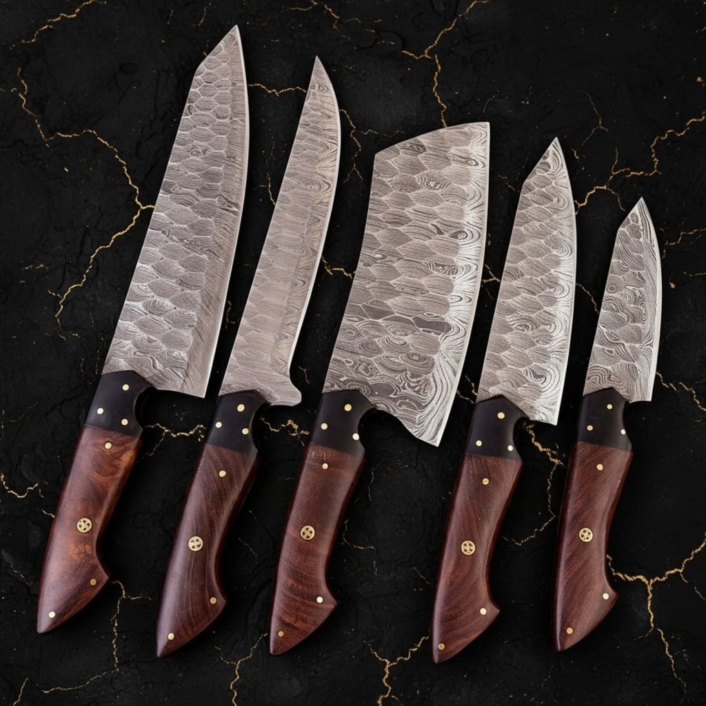 5pc Custom Hand-Forged Damascus Steel Knife Set with Leather Storage Roll - 6