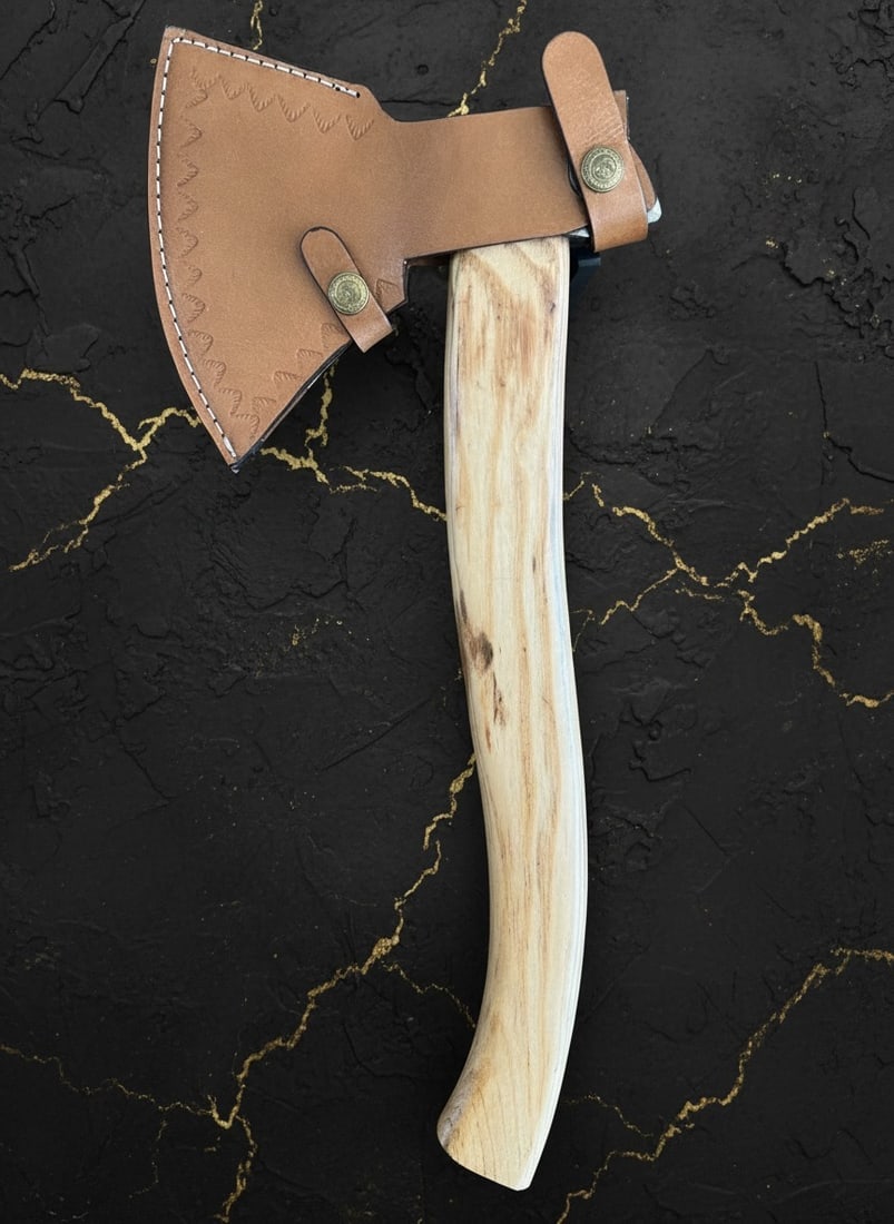 18" Hand-Forged Damascus Steel Hatchet, Wood Handle, Leather Sheath, Custom - 3