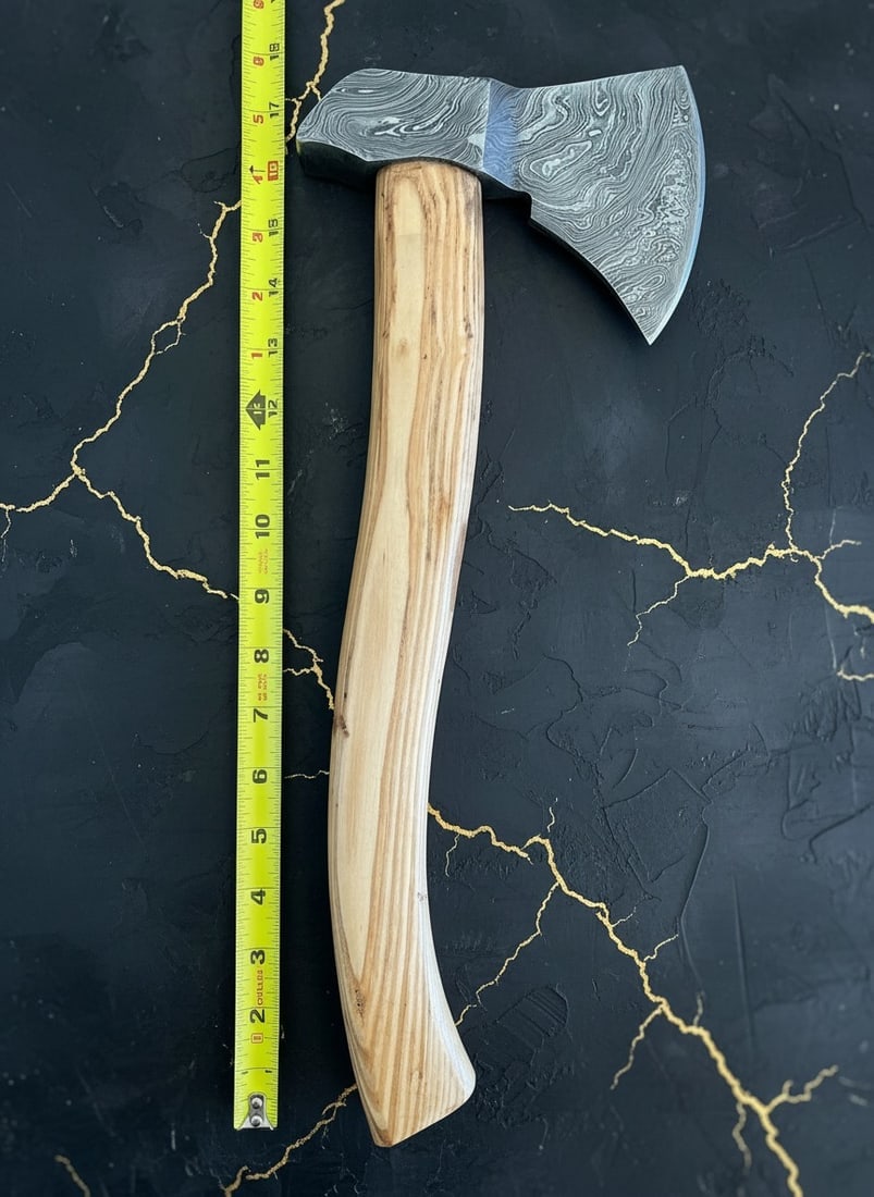 18" Hand-Forged Damascus Steel Hatchet, Wood Handle, Leather Sheath, Custom - 4