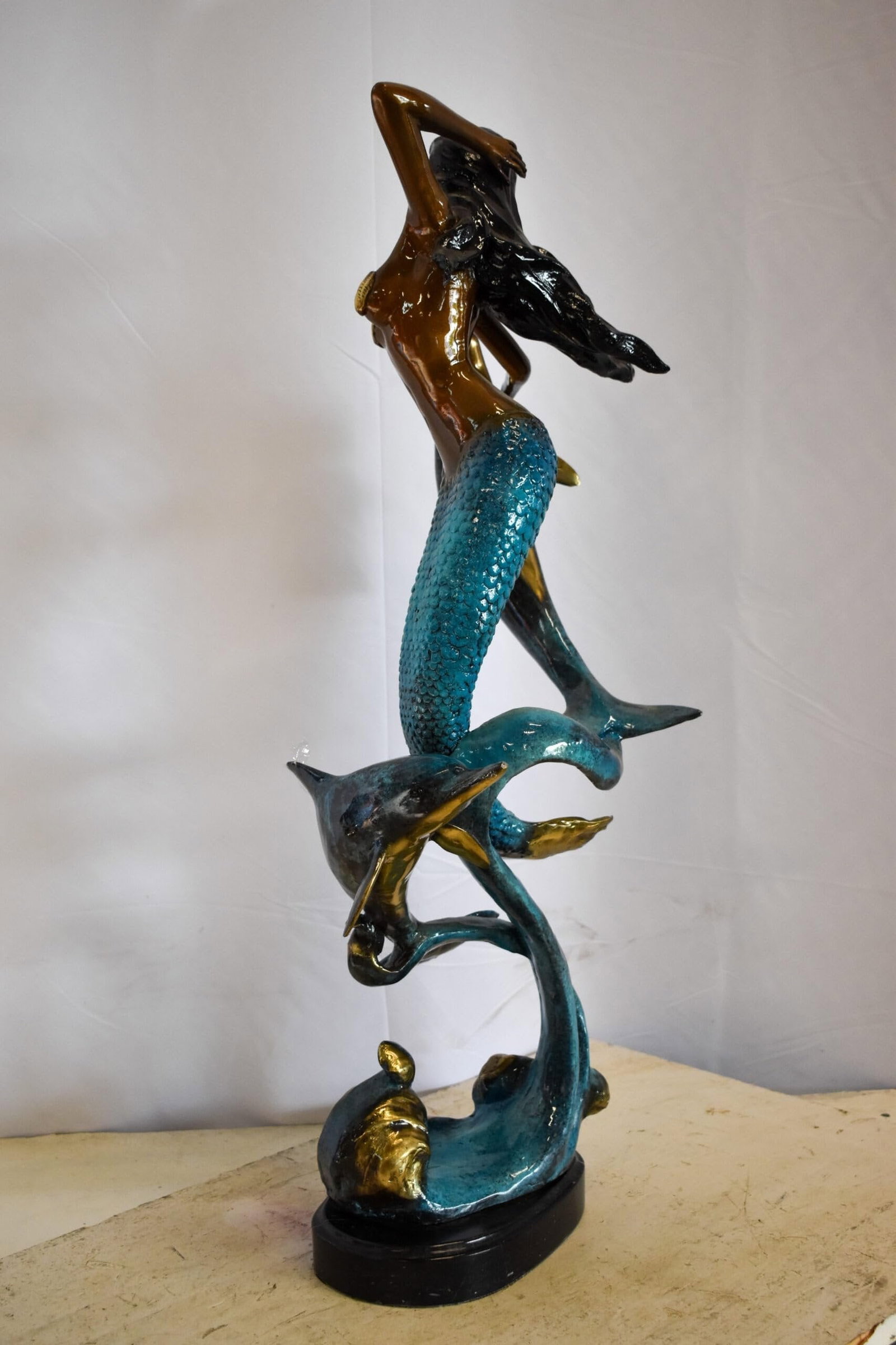 Graceful Mermaid and Two Dolphins Bronze Statue 13" x 9" x 31"H - 10