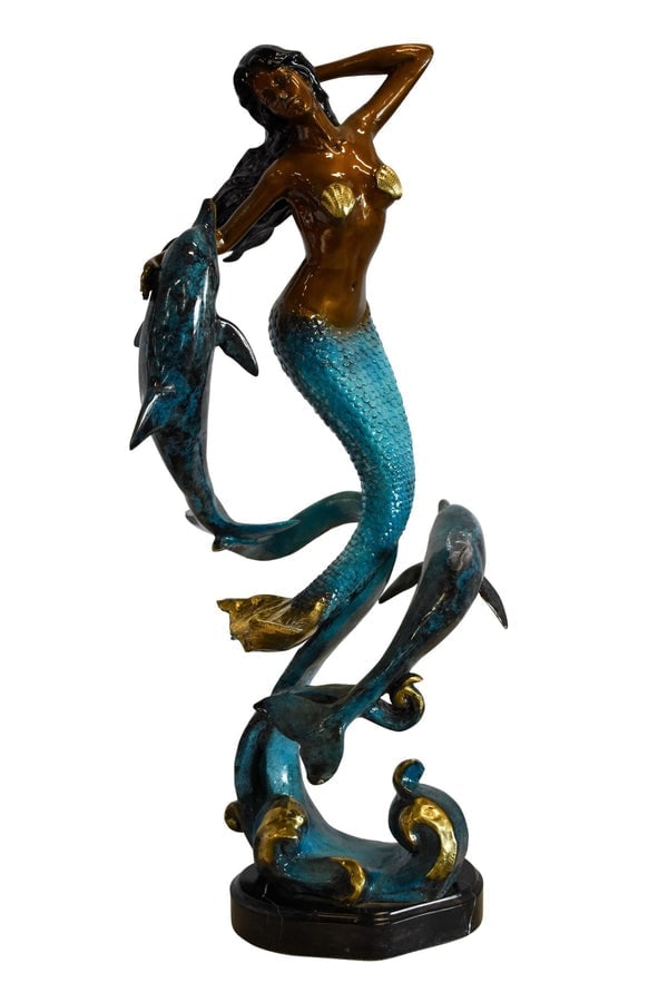 Graceful Mermaid and Two Dolphins Bronze Statue 13" x 9" x 31"H: Title:Graceful Mermaid and Two Dolphins Bronze Statue 13" x 9" x 31"H Description:This small yet powerful work of art displays a graceful mermaid among nautical creatures. Placed on a sturdy and