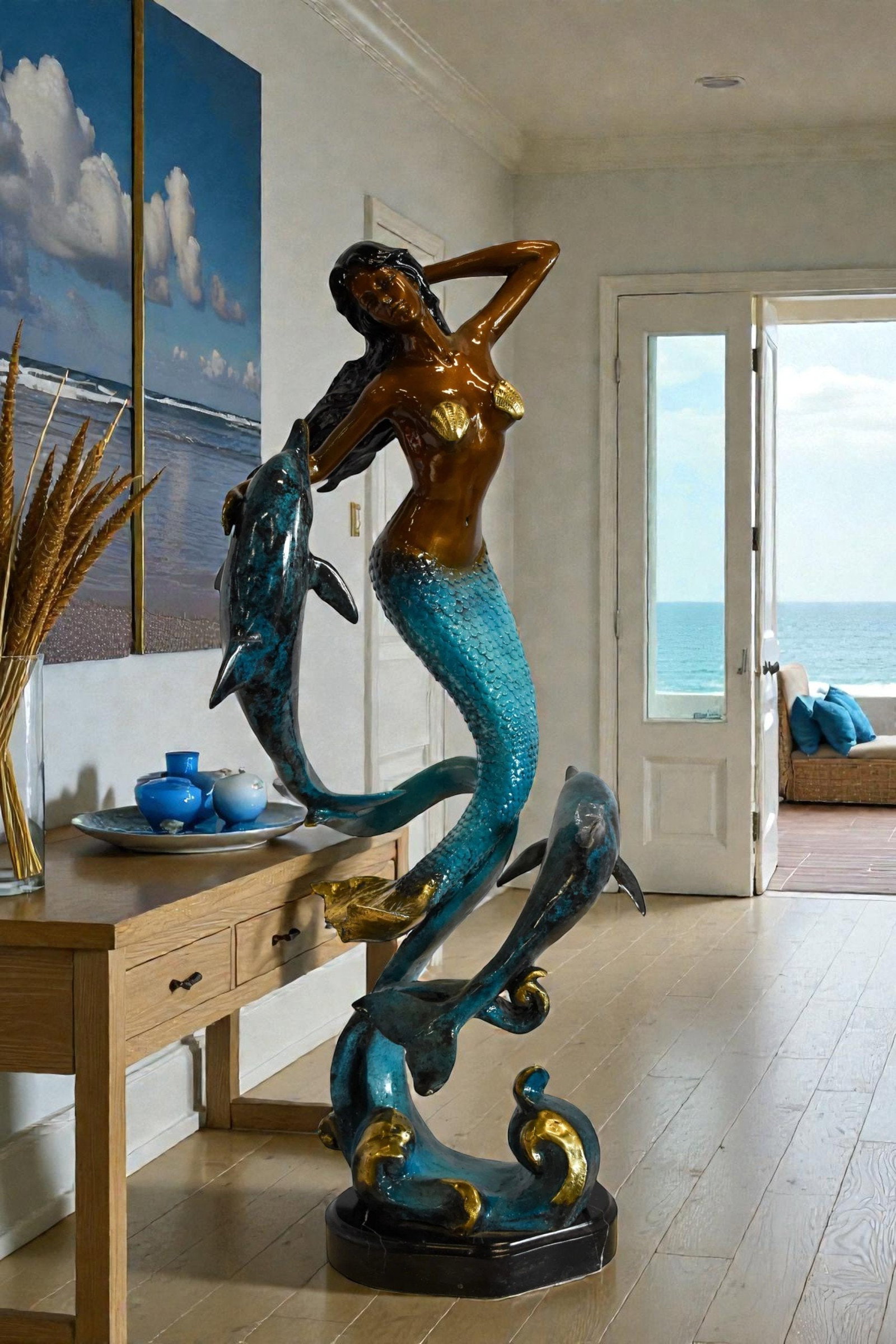 Graceful Mermaid and Two Dolphins Bronze Statue 13" x 9" x 31"H - 2