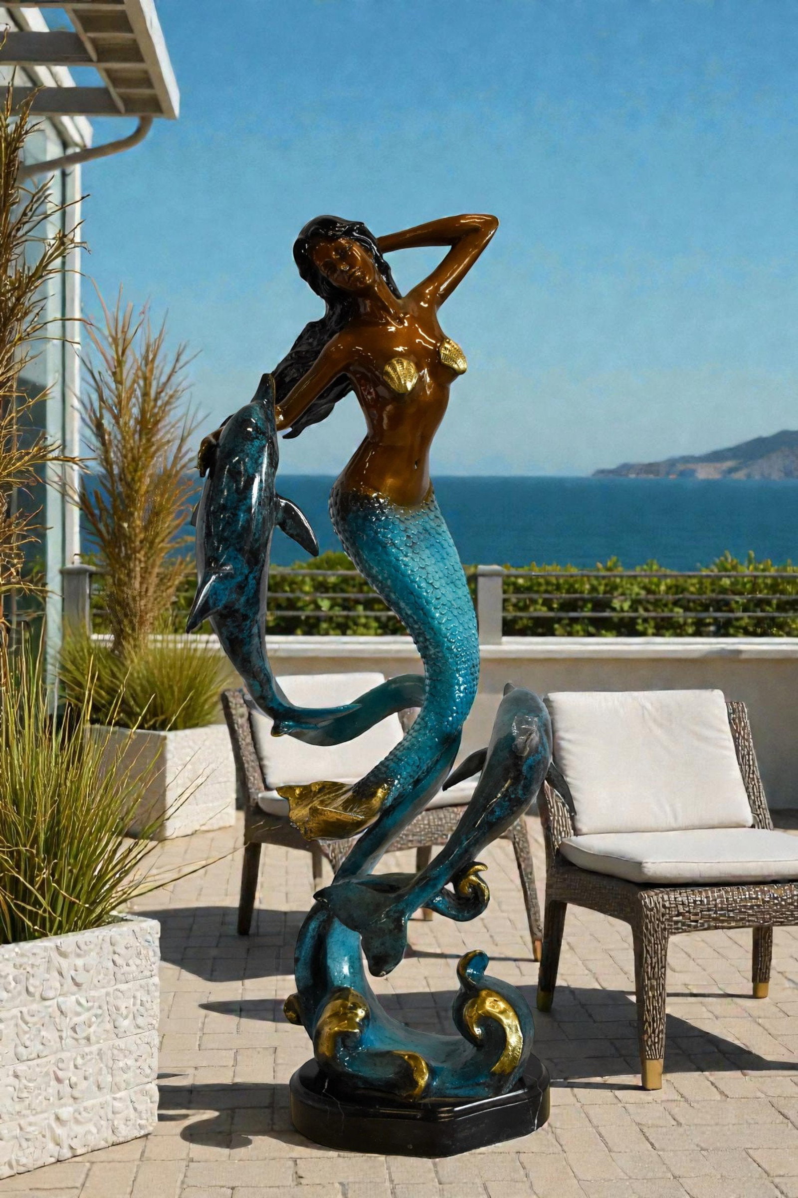 Graceful Mermaid and Two Dolphins Bronze Statue 13" x 9" x 31"H - 3