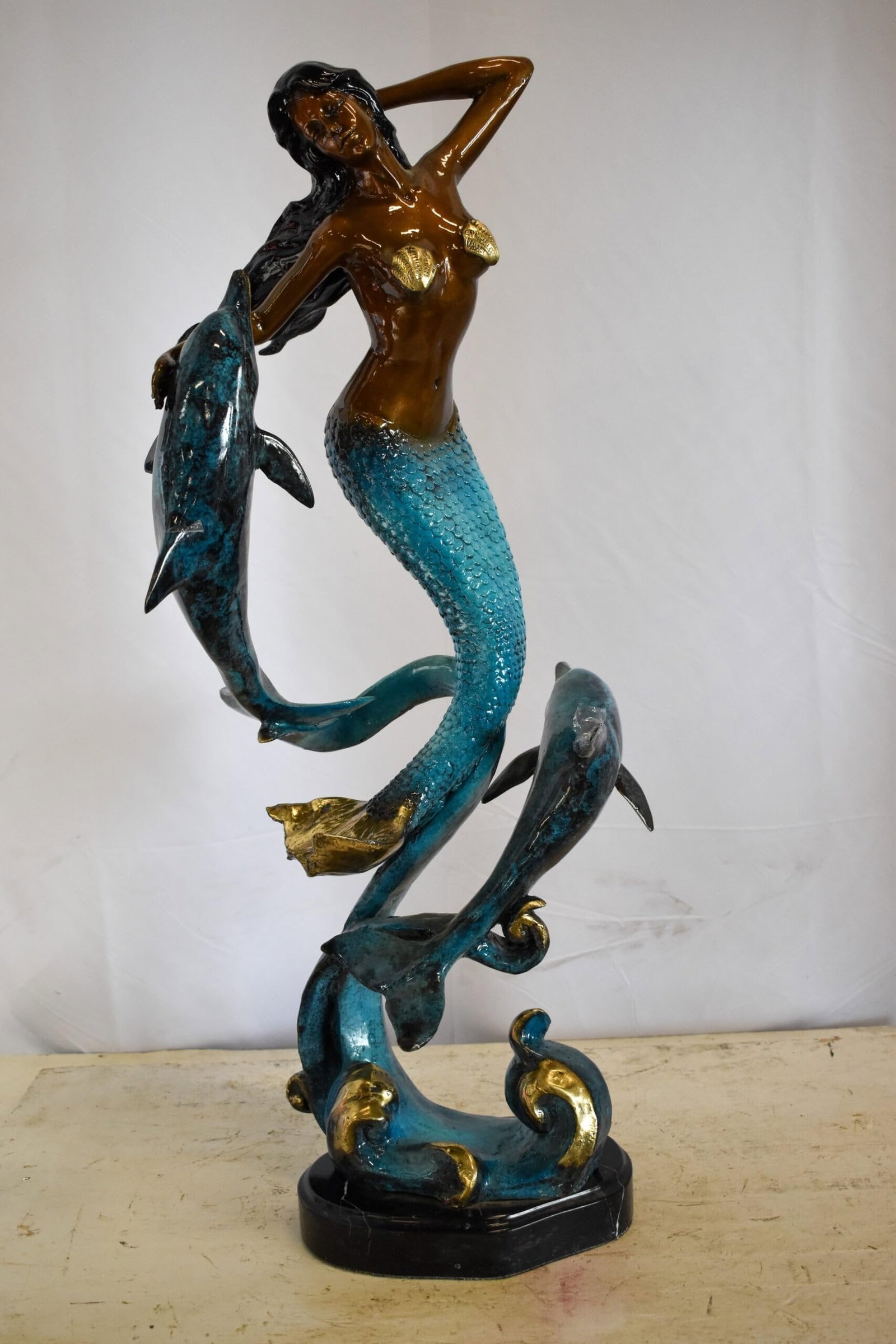 Graceful Mermaid and Two Dolphins Bronze Statue 13" x 9" x 31"H - 4