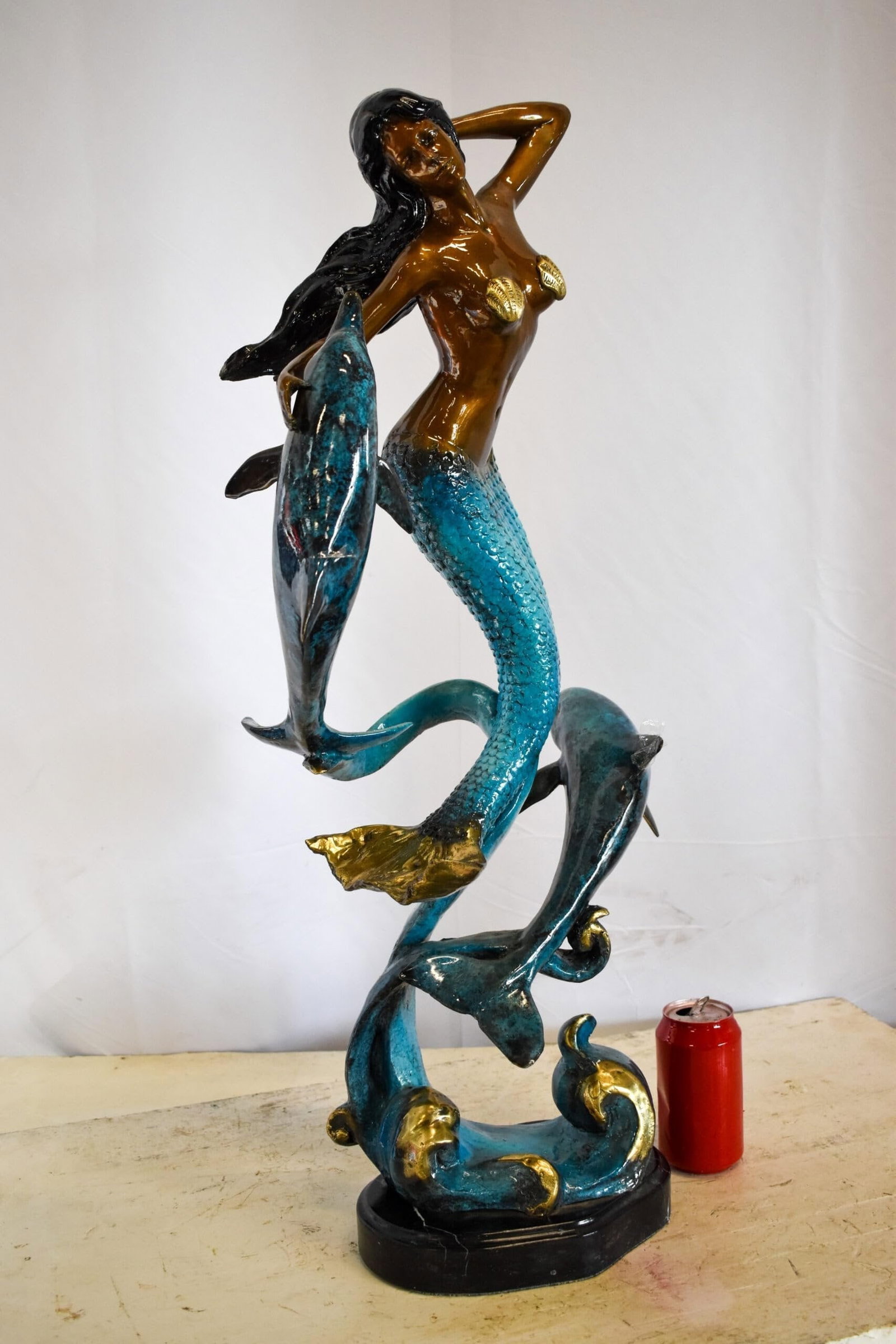 Graceful Mermaid and Two Dolphins Bronze Statue 13" x 9" x 31"H - 5