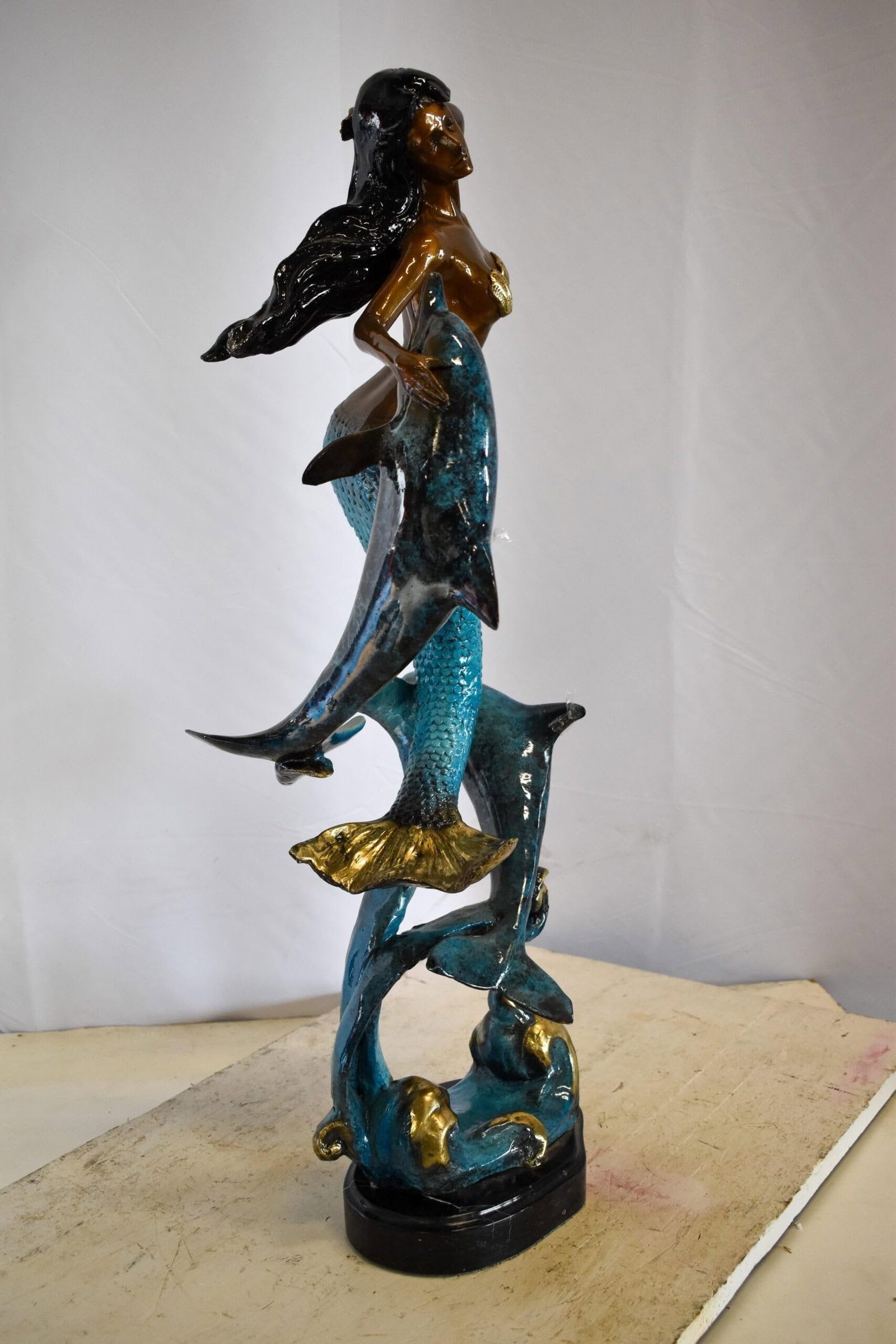 Graceful Mermaid and Two Dolphins Bronze Statue 13" x 9" x 31"H - 6