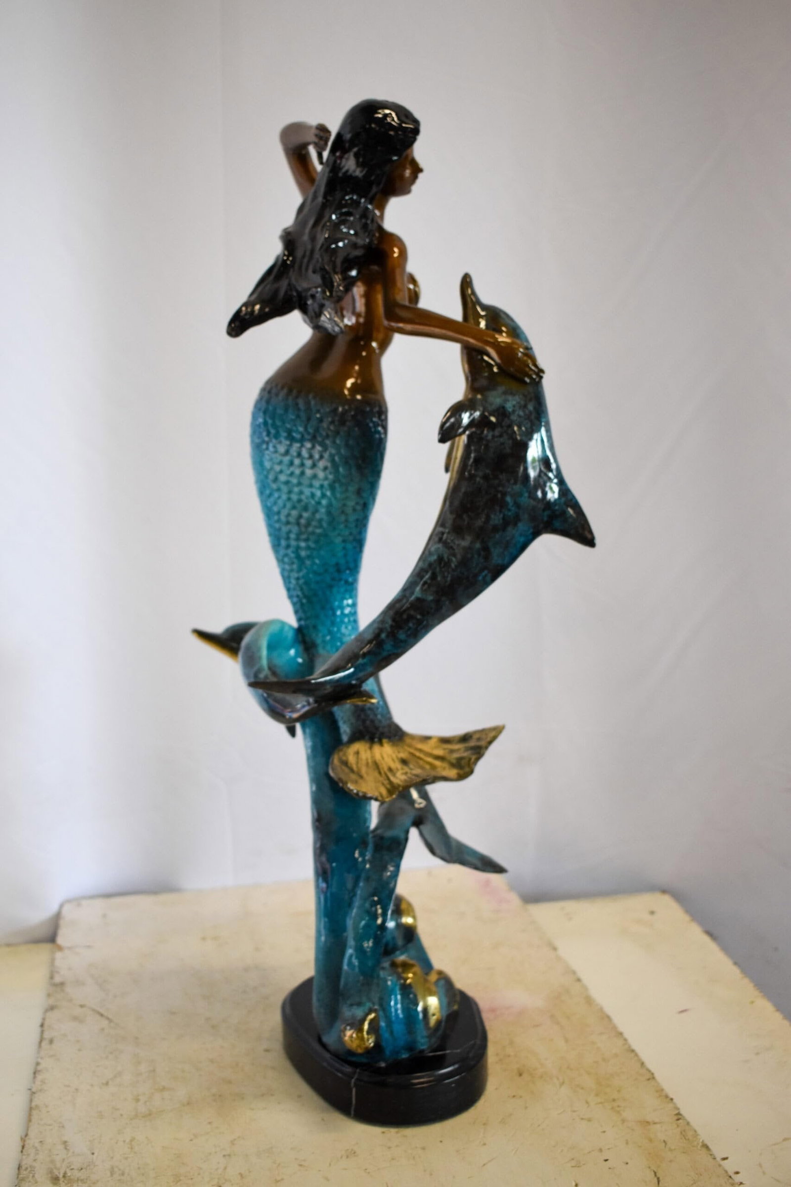 Graceful Mermaid and Two Dolphins Bronze Statue 13" x 9" x 31"H - 7