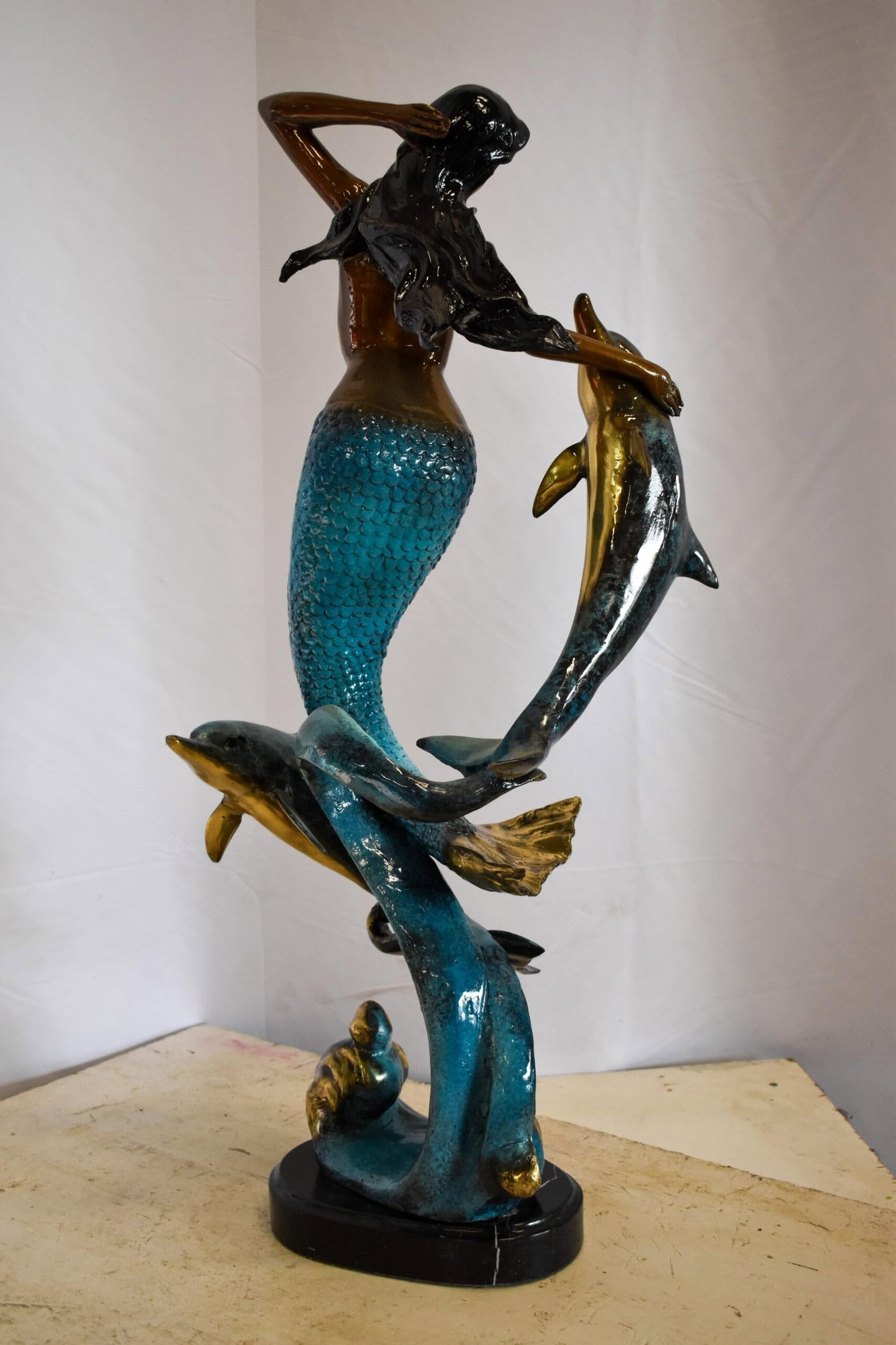 Graceful Mermaid and Two Dolphins Bronze Statue 13" x 9" x 31"H - 8