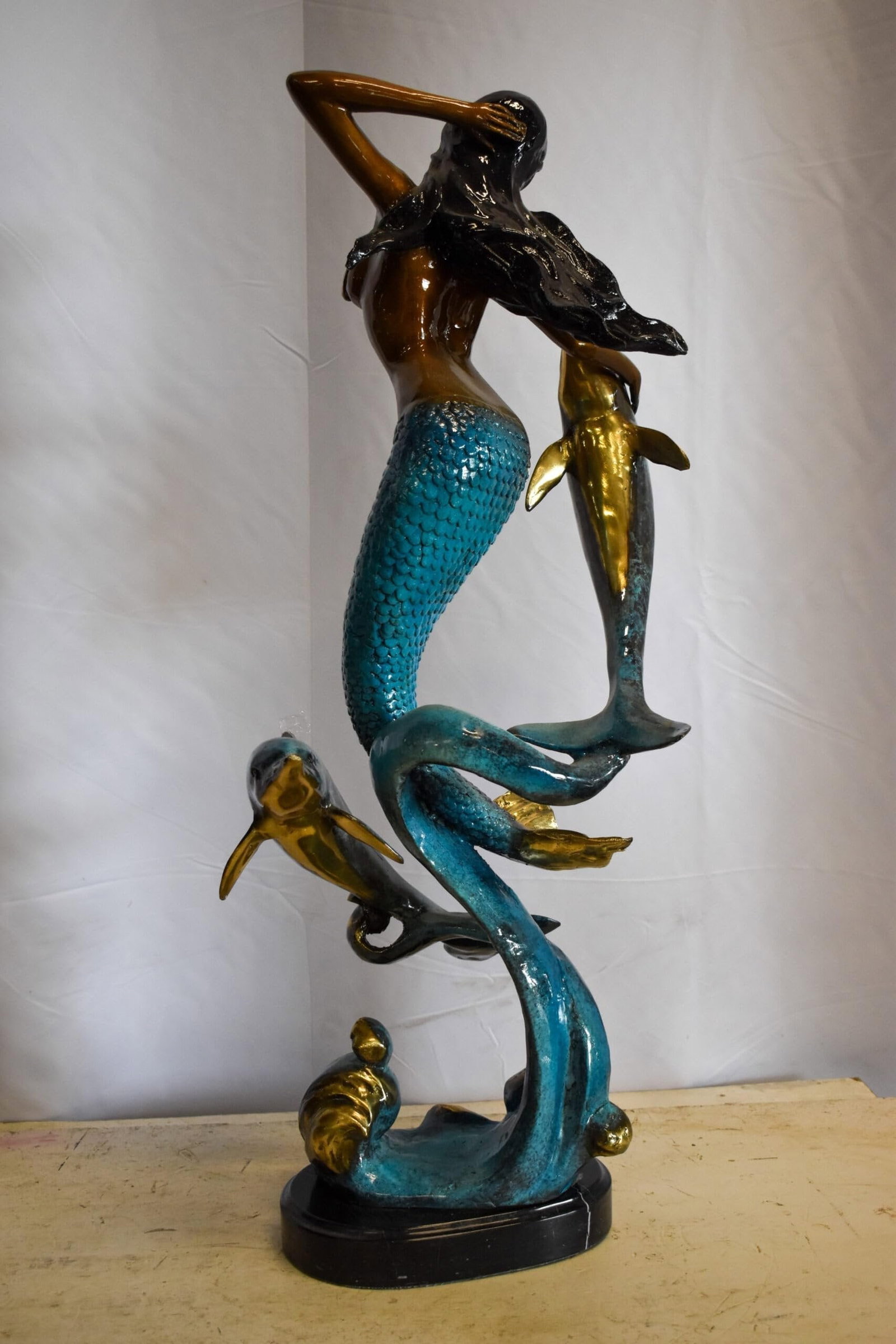 Graceful Mermaid and Two Dolphins Bronze Statue 13" x 9" x 31"H - 9