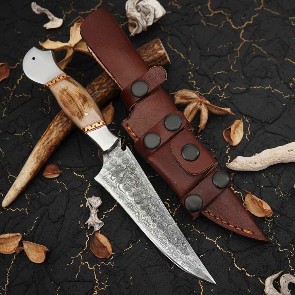 Handmade Damascus Steel Hunting Knife Ram Horn Handle with Leather Sheath - 2