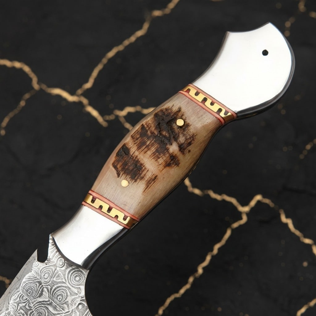Handmade Damascus Steel Hunting Knife Ram Horn Handle with Leather Sheath - 3