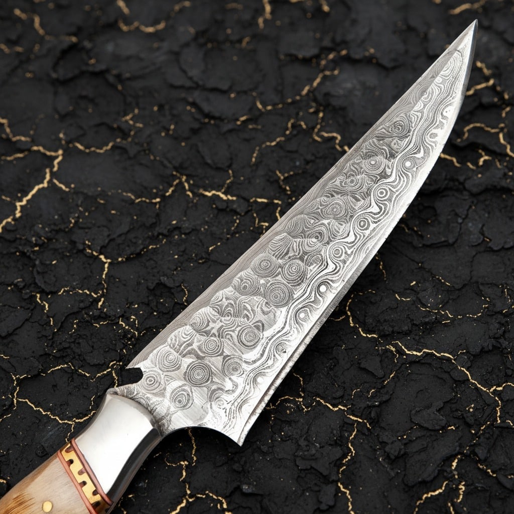 Handmade Damascus Steel Hunting Knife Ram Horn Handle with Leather Sheath - 5