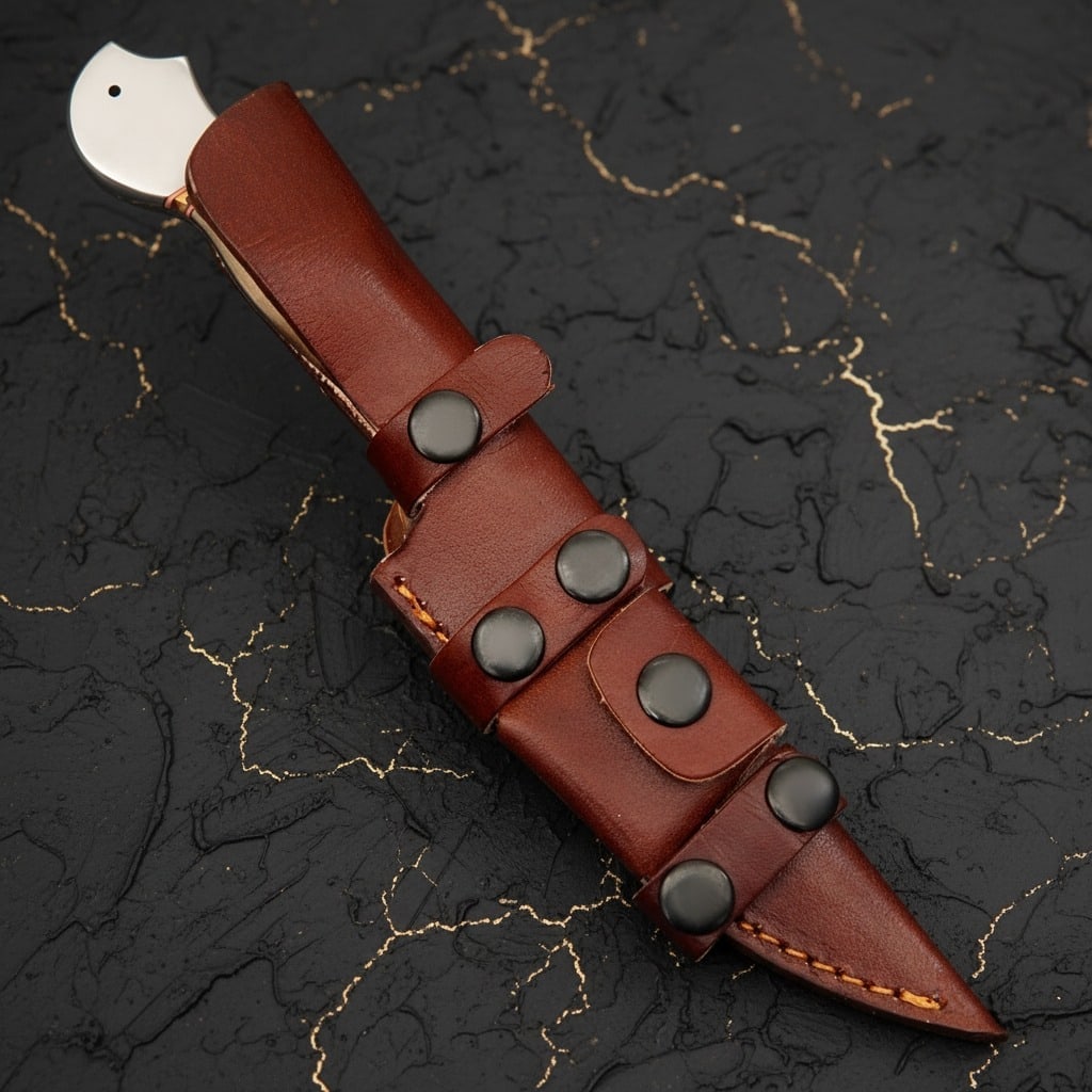 Handmade Damascus Steel Hunting Knife Ram Horn Handle with Leather Sheath - 6