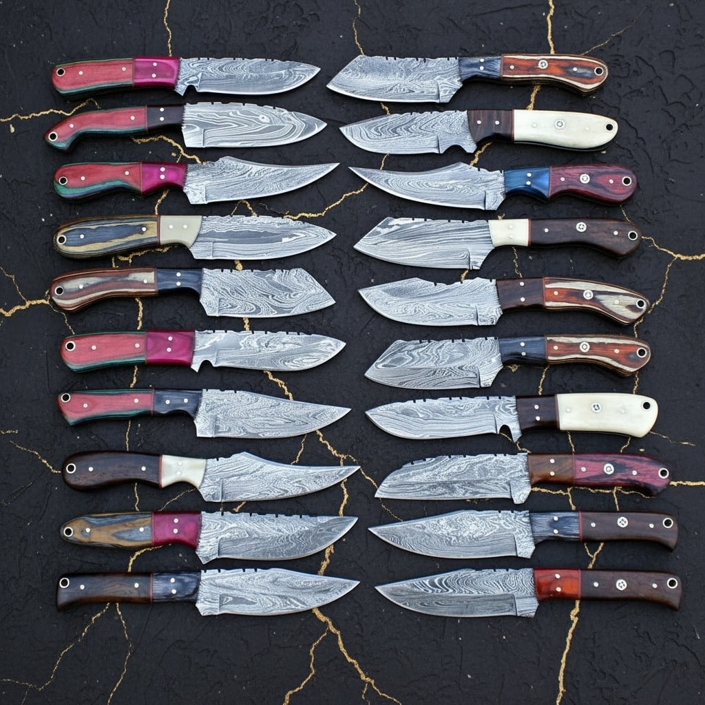 20pc 8" Handmade Damascus Steel Skinner Knife Set with Leather Sheaths: Title:20pc 8" Handmade Damascus Steel Skinner Knife Set with Leather Sheaths Description:This set includes 20 custom handmade Damascus steel skinner knives designed for hunting, camping, and outdoor a