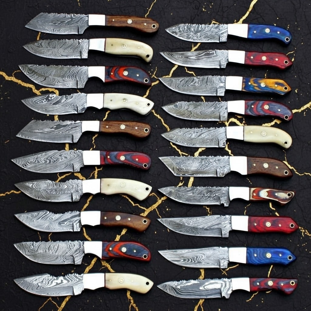 20pc 8" Handmade Damascus Steel Skinner Knife Set with Leather Sheaths - 2