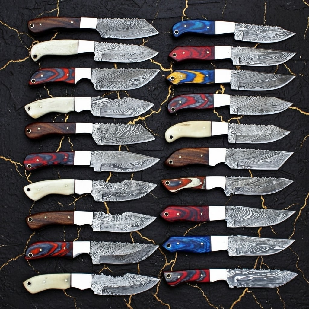 20pc 8" Handmade Damascus Steel Skinner Knife Set with Leather Sheaths - 4