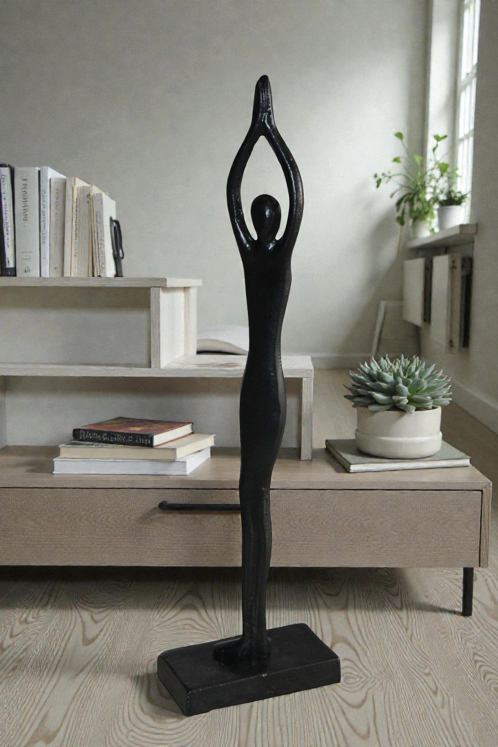 Black Aluminum Yoga Girl Statue Serenity in Tree Top Pose 6" x 3" x 20"H - 2