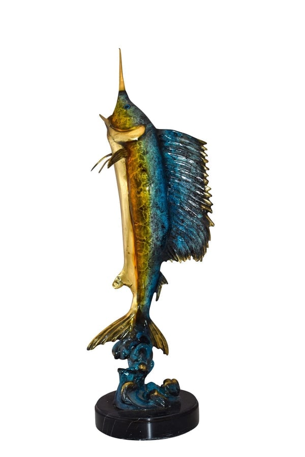 Upright Fierce Marlin Jumping Off the Water Bronze Statue Size: 12" x 8" x 30"H: Title:Upright Fierce Marlin Jumping Off the Water Bronze Statue Size: 12" x 8" x 30"H Description:This bronze statue of a fierce marlin fish with striking colors and careful attention to detail. The