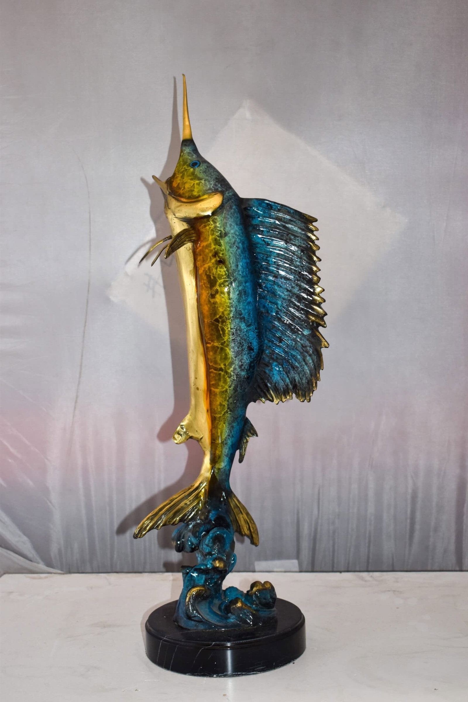 Upright Fierce Marlin Jumping Off the Water Bronze Statue Size: 12" x 8" x 30"H - 4