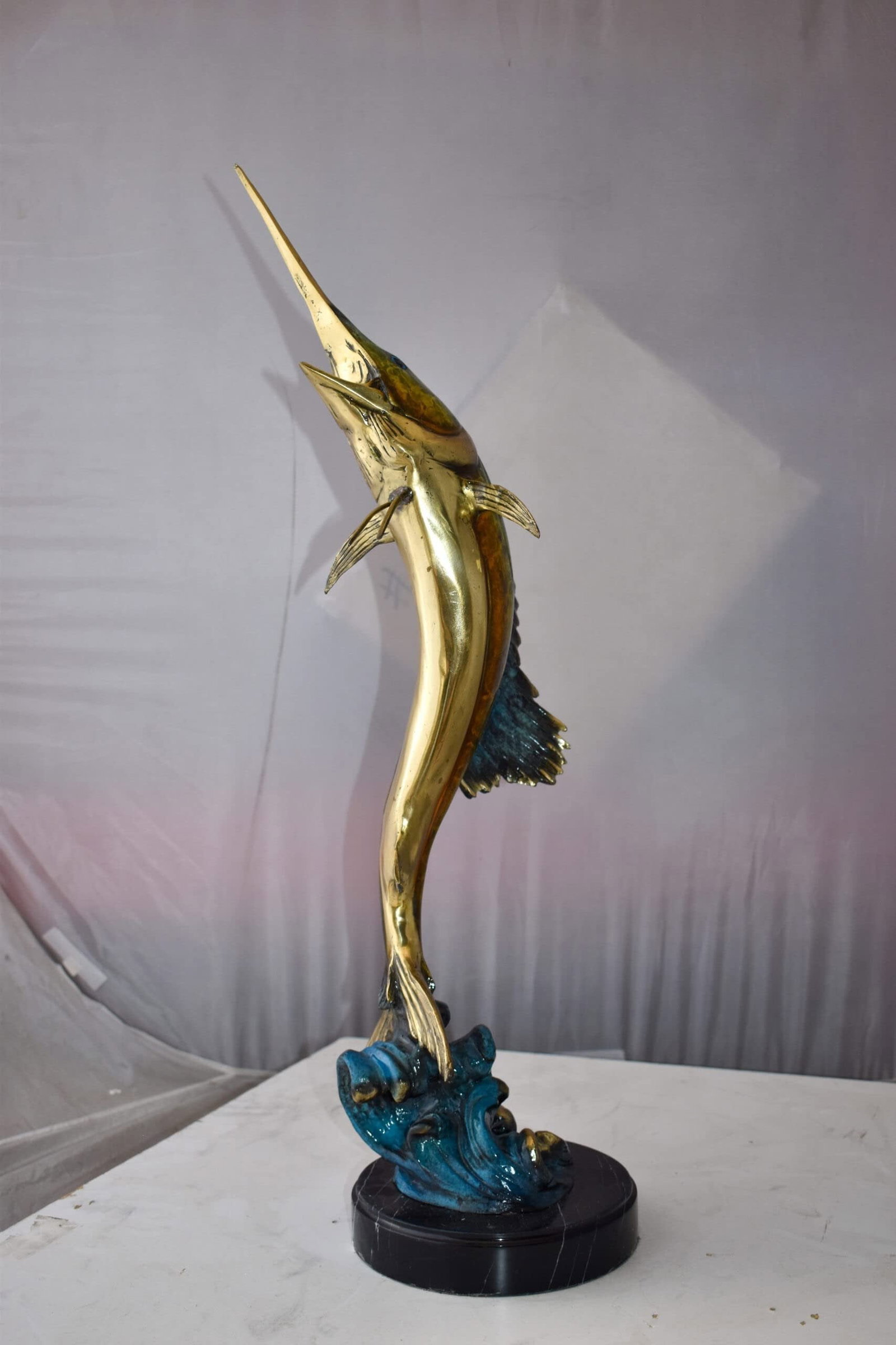 Upright Fierce Marlin Jumping Off the Water Bronze Statue Size: 12" x 8" x 30"H - 7