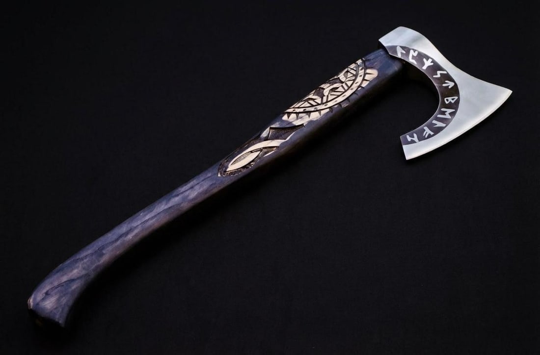 Handmade Carbon Steel Viking Axe Tomahawk w/ Engraved Ash Handle & Leather Sheath - 6