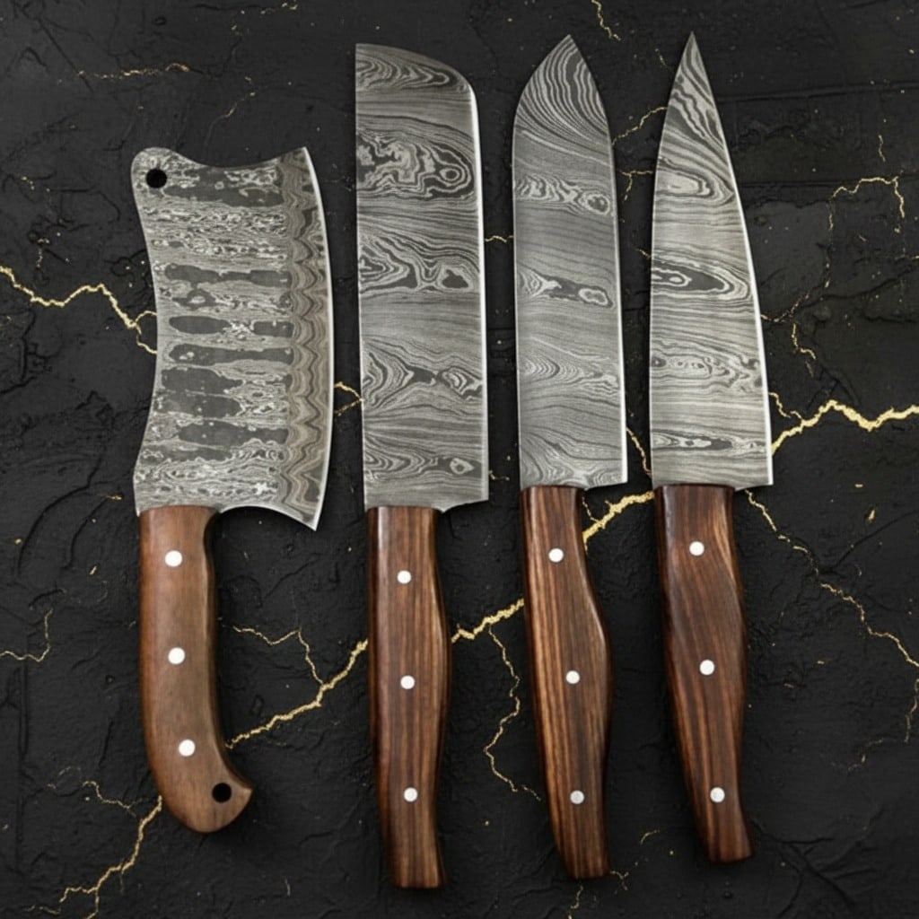 4pc Hand-Forged Damascus Steel Chef Knife Set Custom Culinary Cutlery Tools - 3