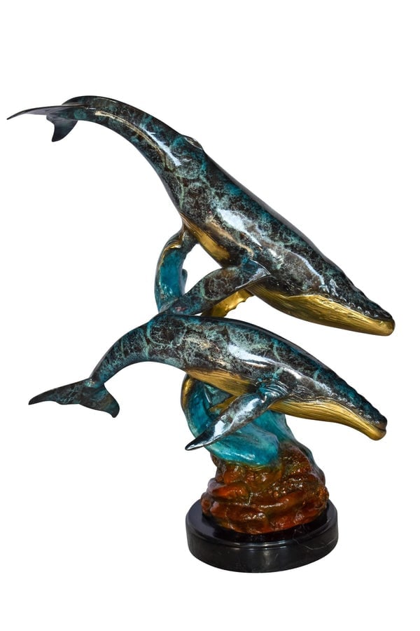 Pair of Humpback Whales Swimming in The Ocean Bronze Statue 20" x 10" x 25"H: Title:Pair of Humpback Whales Swimming in The Ocean Bronze Statue 20" x 10" x 25"H Description:No lover of timeless sea lore and the mysteries of the deep sea can resist this incredibly detailed statu